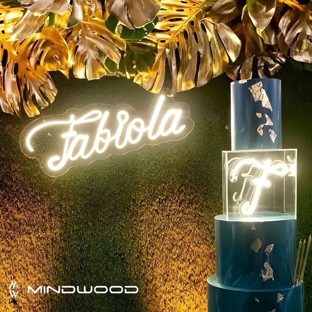 Scritta LED personalizzata per arredamento moderno, disponibile in diverse dimensioni e colori.